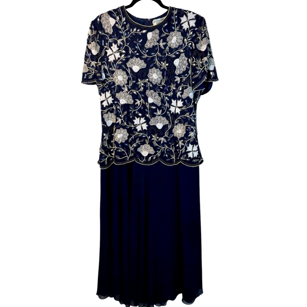 Adrianna Papell Navy and Silver Embroidered Midi Dress